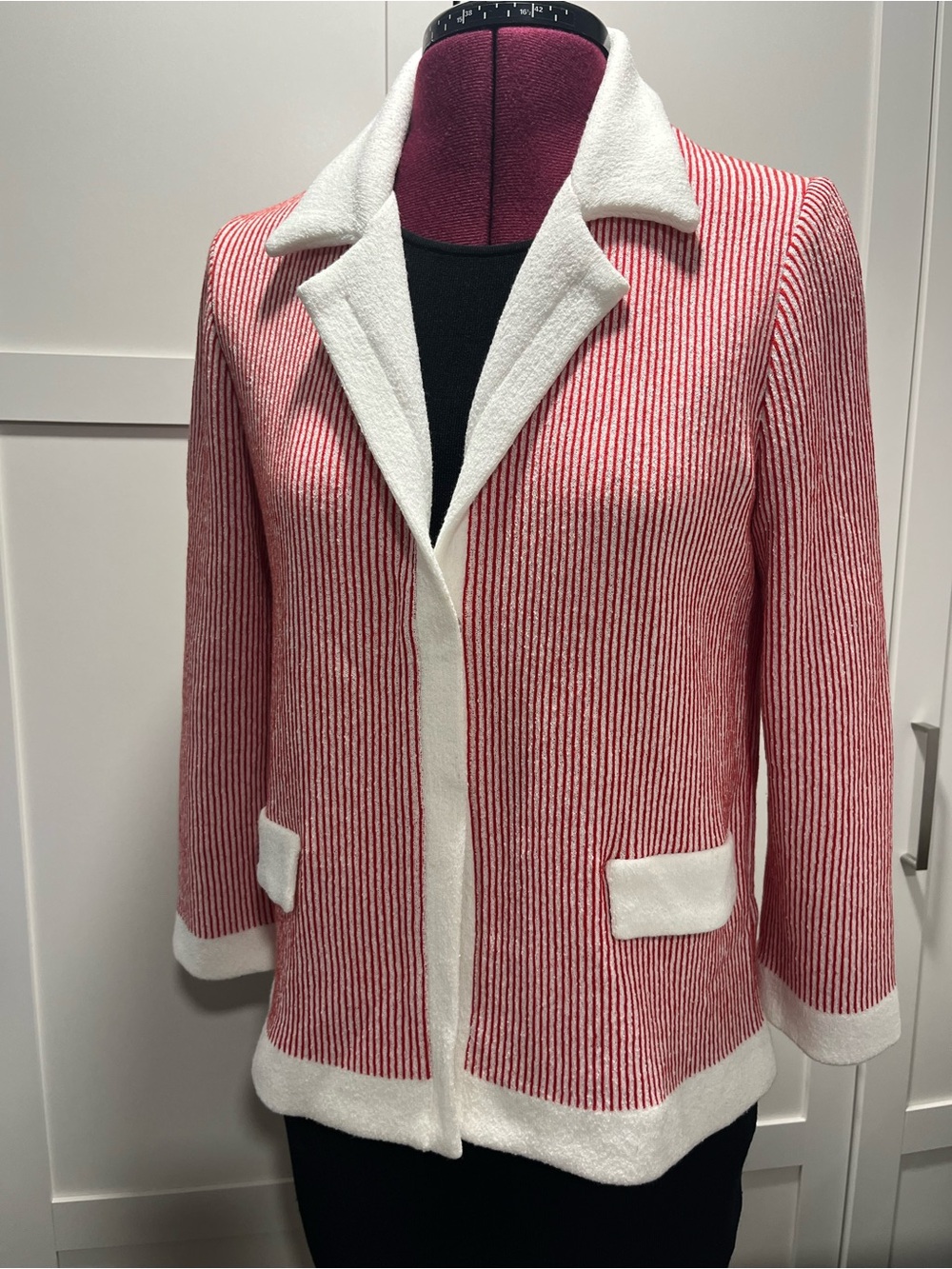 Amina Rubinacci Made in Italy Red White Striped Knit Blazer Jacket Size 44